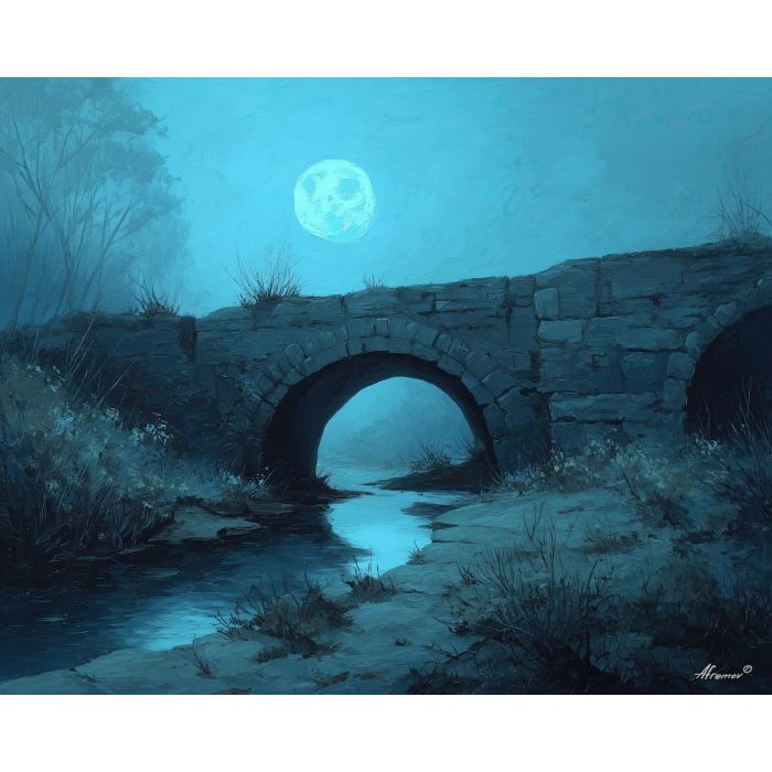 black and white bridge,blue moon,night calm,oil painting