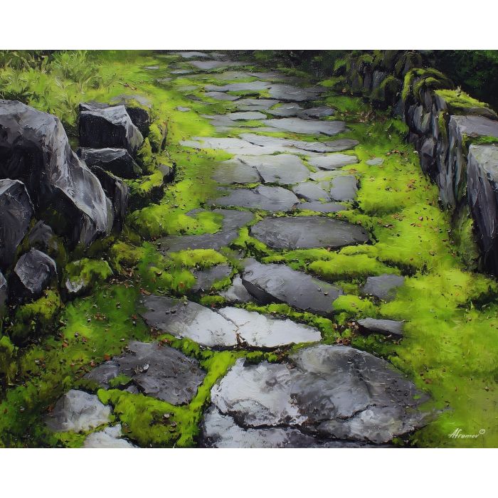 black and white landscape,green accent,pathway,oil painting