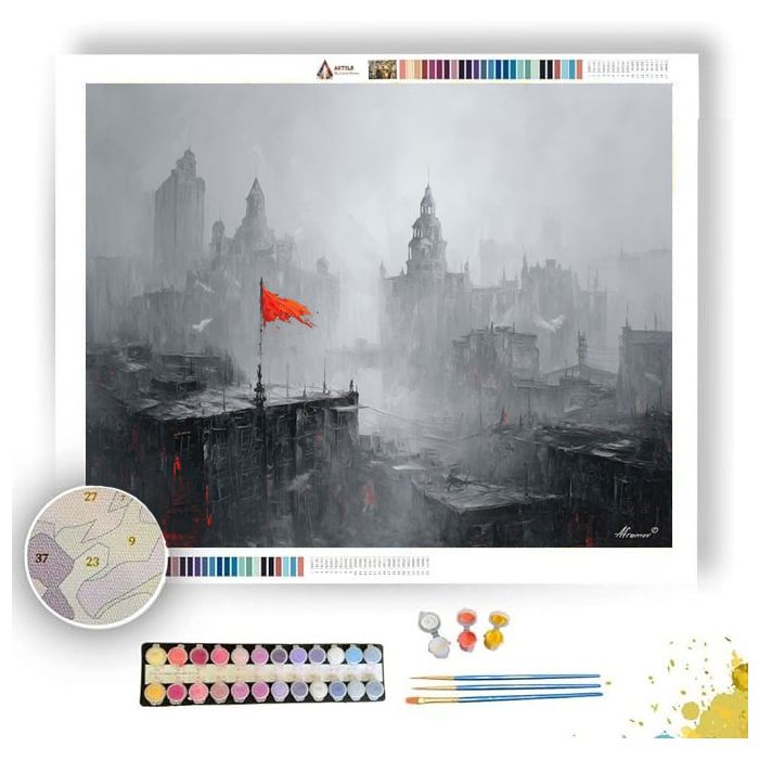 UMBER CITY WITH VERMILION DRIFT B&W - Paint by Numbers Full Kit