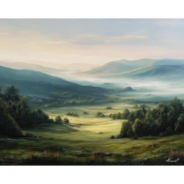 calm landscape,valley,mist,soft light,oil painting,nature serenity