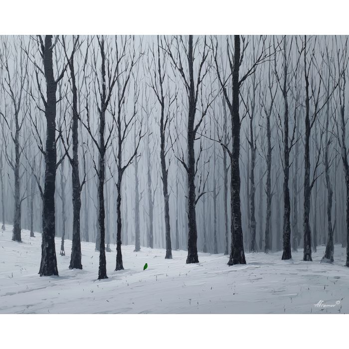 black and white forest,green bird,nature art,oil painting