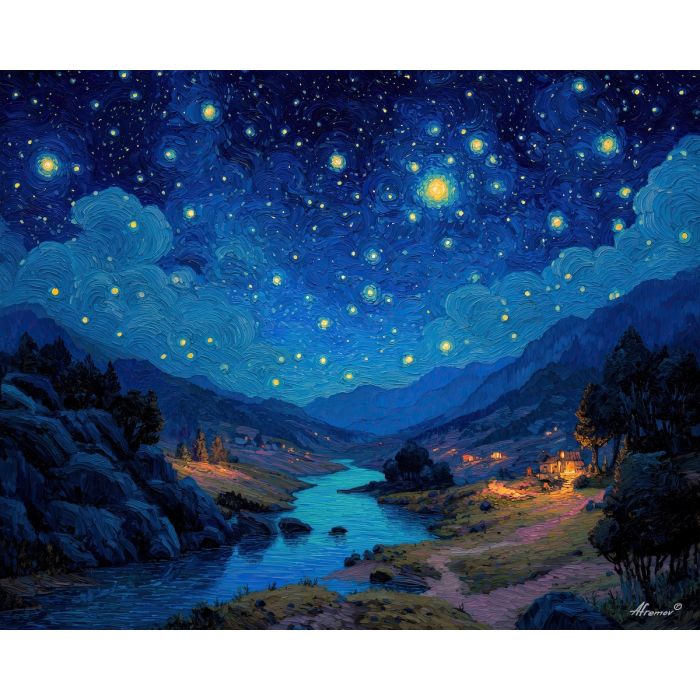 fantasy night,valley,moonlight,stars,oil painting,calm landscape