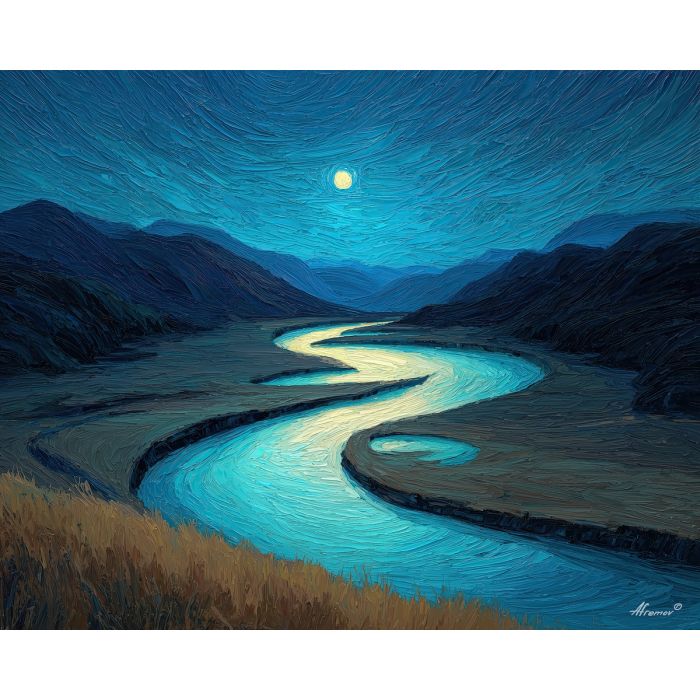 fantasy river,night glow,oil painting