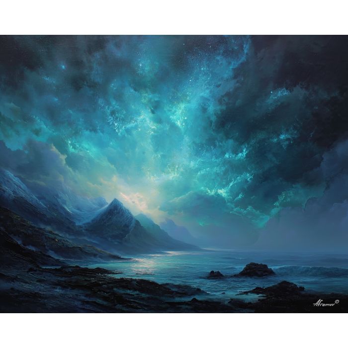 fantasy highlands,astral light,night scene,oil painting