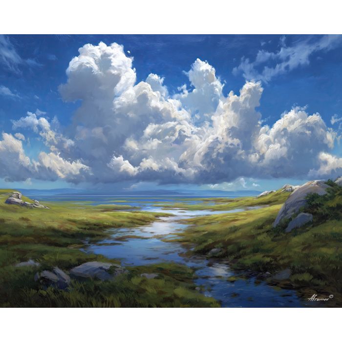 fantasy lowland,bright sky,day oil painting