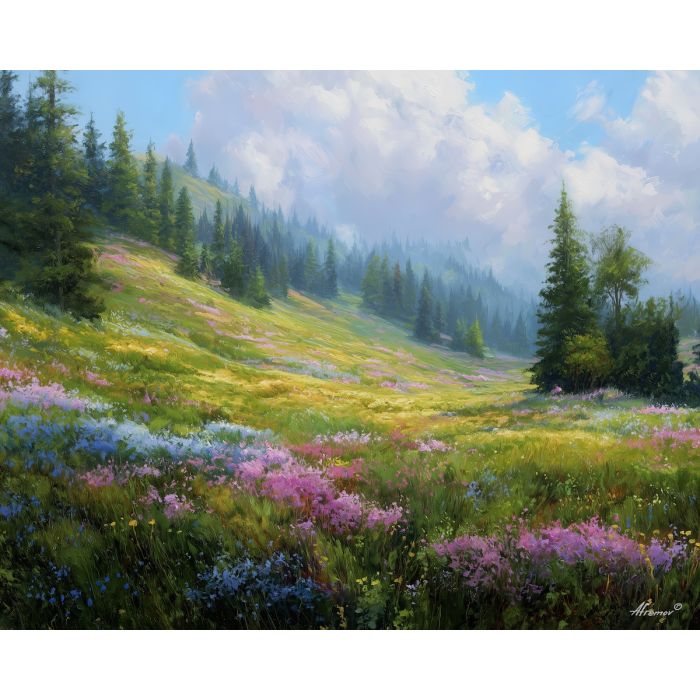 fantasy meadow,day landscape,bright sky,oil painting