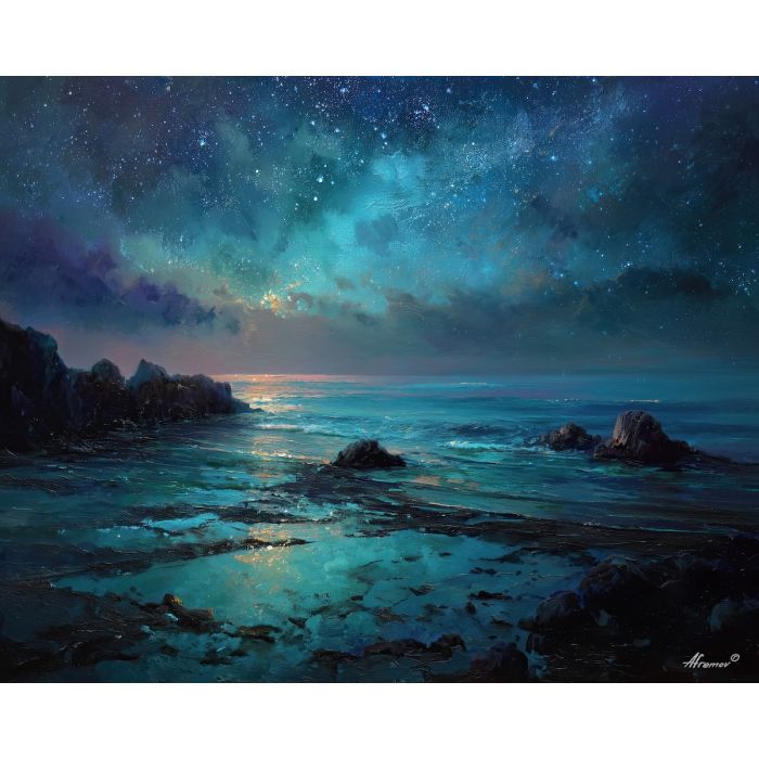 fantasy shore,celestial glow,night oil painting