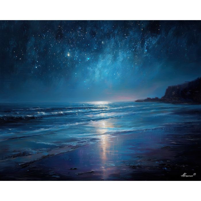 fantasy shore,celestial light,night oil painting