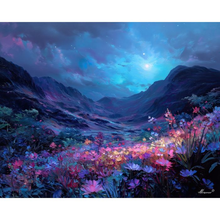 fantasy valley,glowing flowers,oil painting
