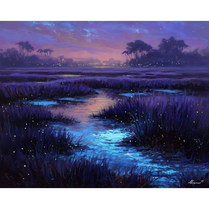 fantasy marsh,glowing water,night oil painting