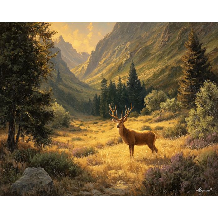 fantasy stag,day valley,magical animal,oil painting