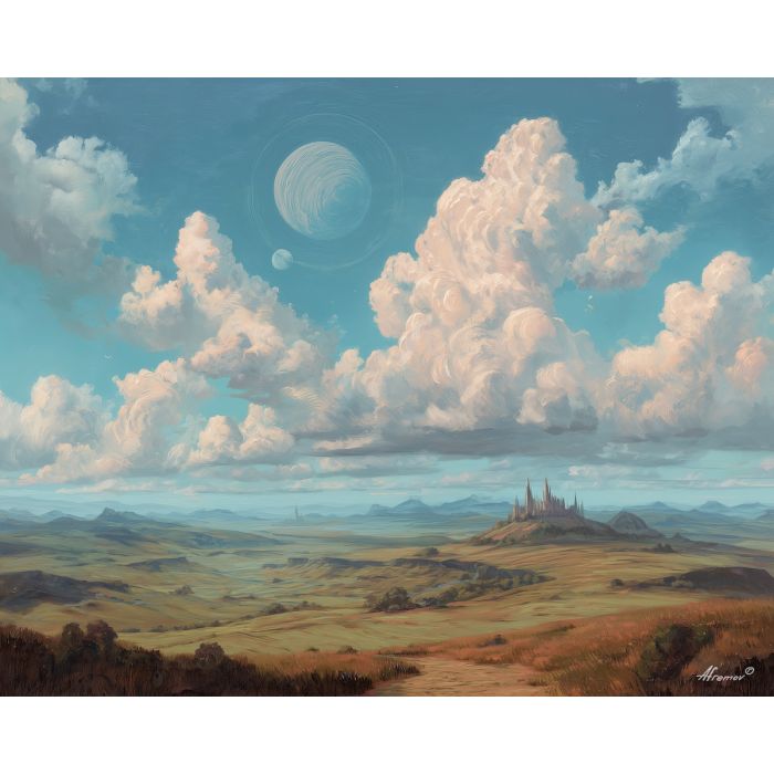 fantasy flats,bright sky,oil painting