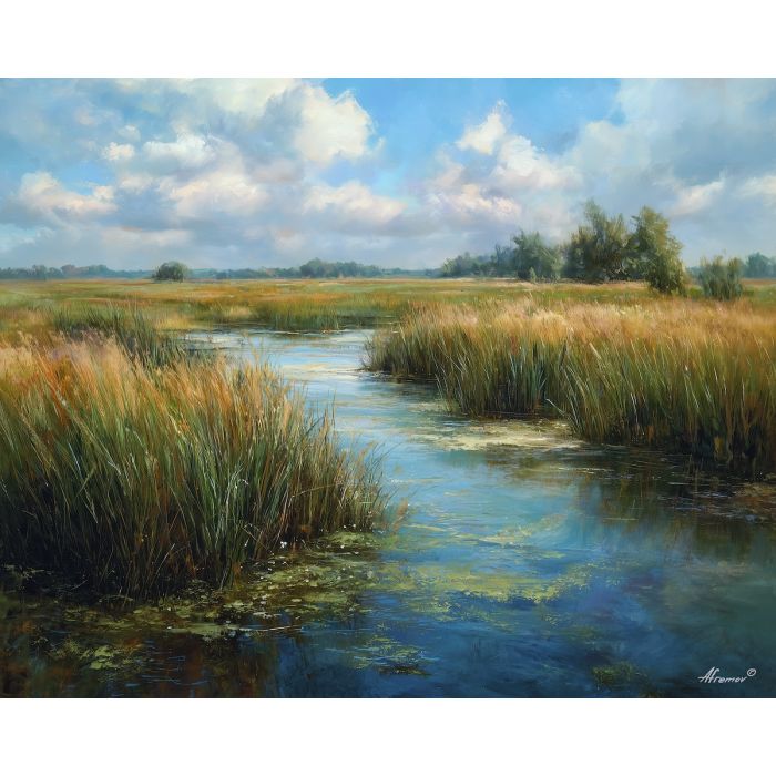 marsh landscape,still water,oil painting