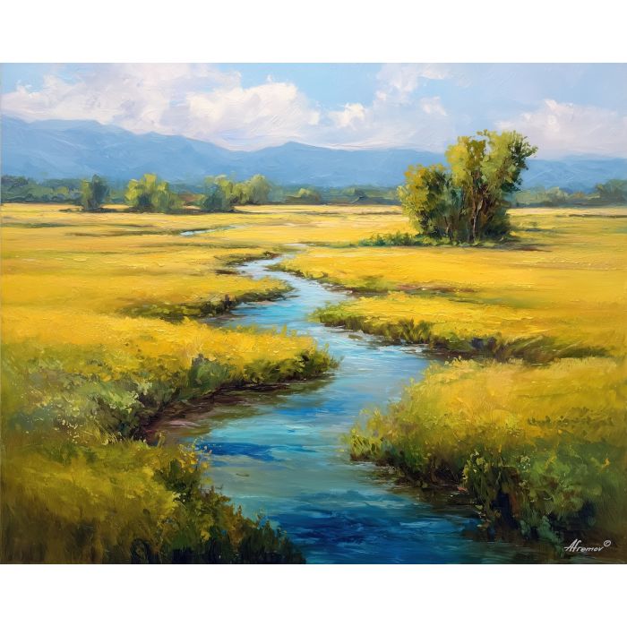 fantasy river,open fields,day magic,oil painting
