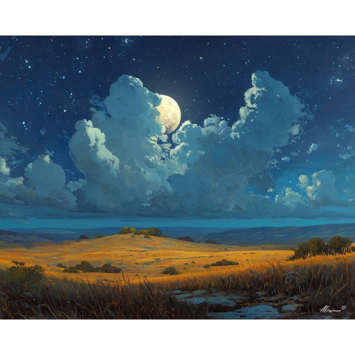 fantasy plains,moon glow,night landscape,oil painting