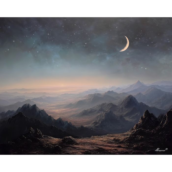 fantasy night,moonlit landscape,calm oil painting