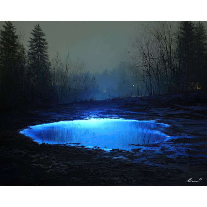 fantasy basin,glowing water,night scene,oil painting