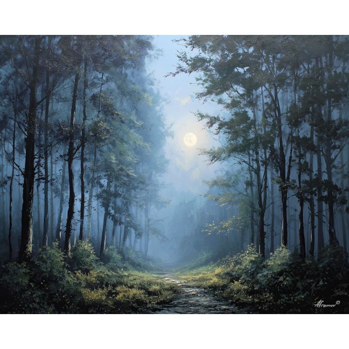 fantasy forest,moon mist,oil painting