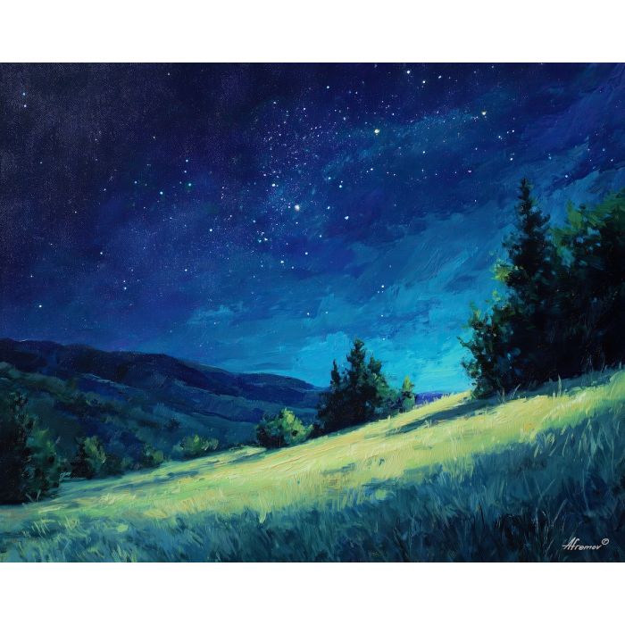 fantasy hillside,night sky,oil painting