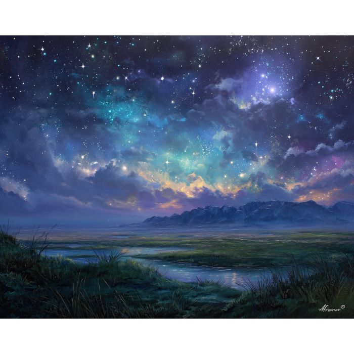 fantasy stars,constellations,night calm,oil painting