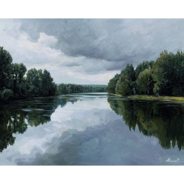 calm lake,still water,soft sky,oil painting