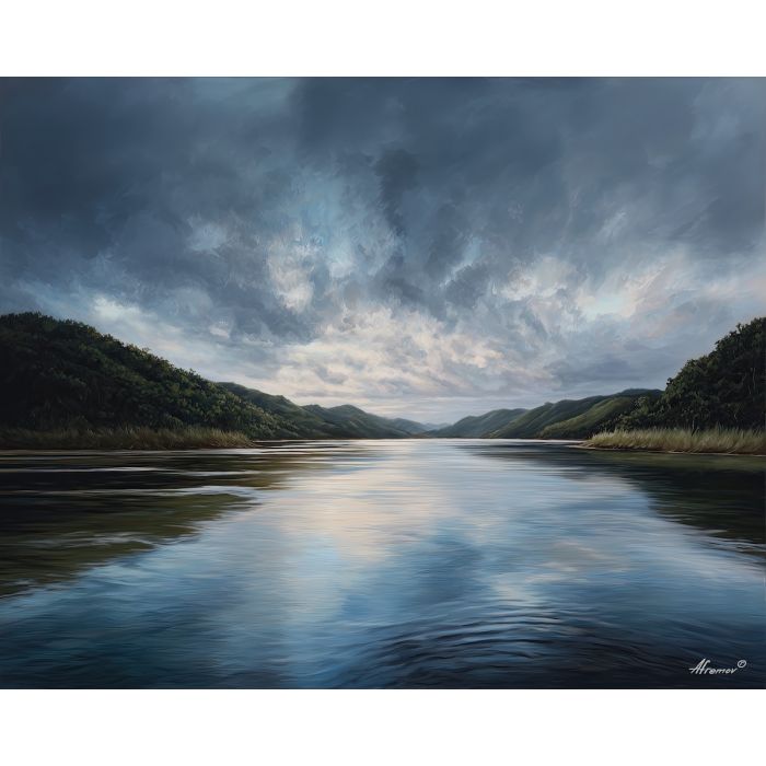 calm inlet,water landscape,oil painting