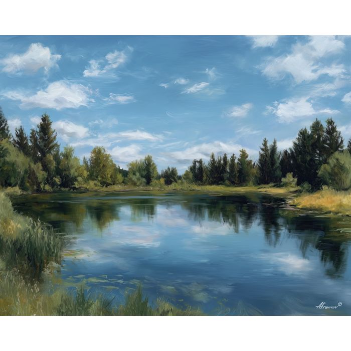still lake,sky reflection,oil painting