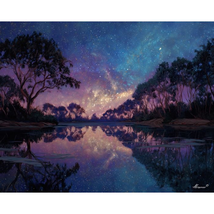 fantasy river flats,night reflection,oil painting