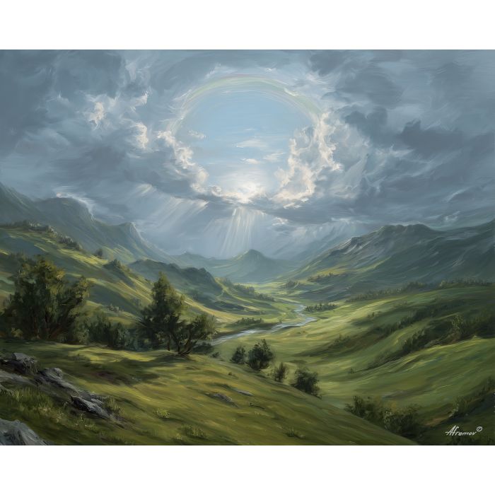 fantasy day,valley,sunlight,soft glow,oil painting,magical landscape