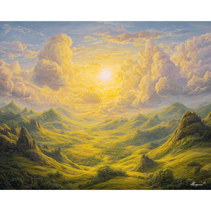 fantasy day,valley,sunlight,soft glow,oil painting,magical landscape