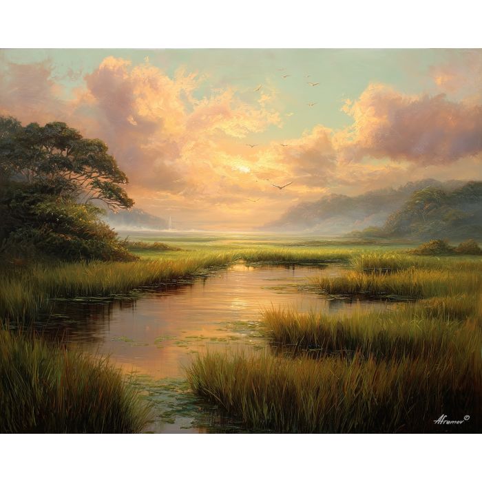 fantasy marsh,daylight glow,oil painting