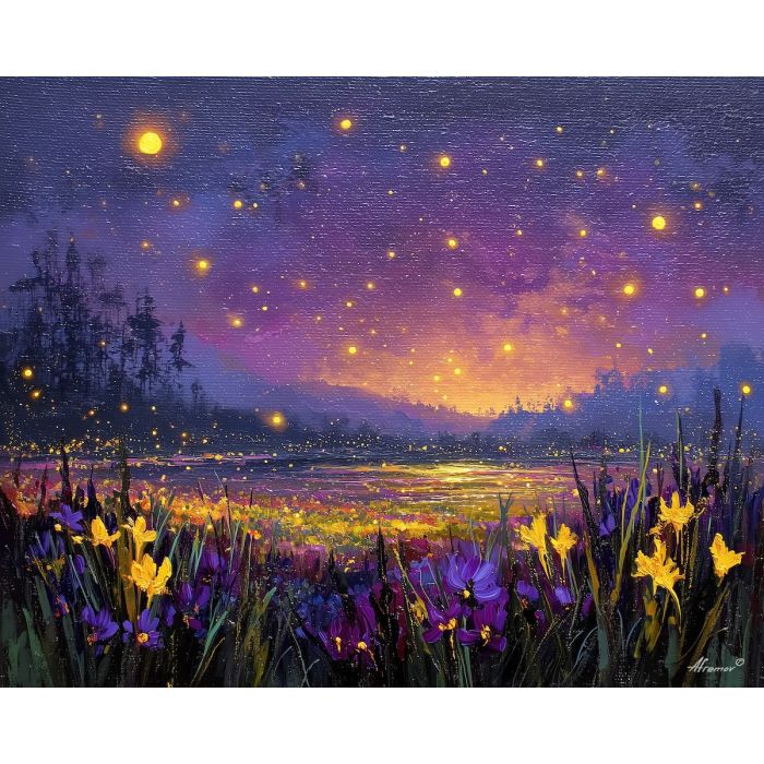 fantasy meadow,night glow,magical lights,oil painting