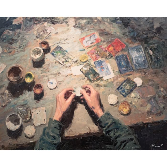 calm, low, palette knife, oil painting, impasto, thick paint, layered pigment, scraped texture, hand painted, fine art, expressive surface, material depth, painterly, atmospheric, visual rhythm, textured painting, studio art