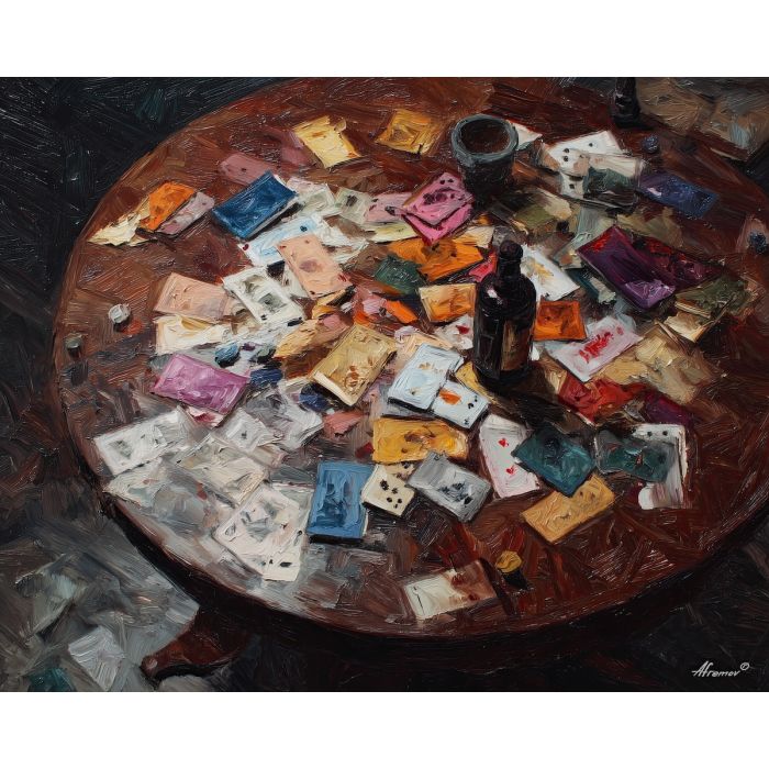 still, measured, palette knife, oil painting, impasto, thick paint, layered pigment, scraped texture, hand painted, fine art, expressive surface, material depth, painterly, atmospheric, visual rhythm, textured painting, studio art