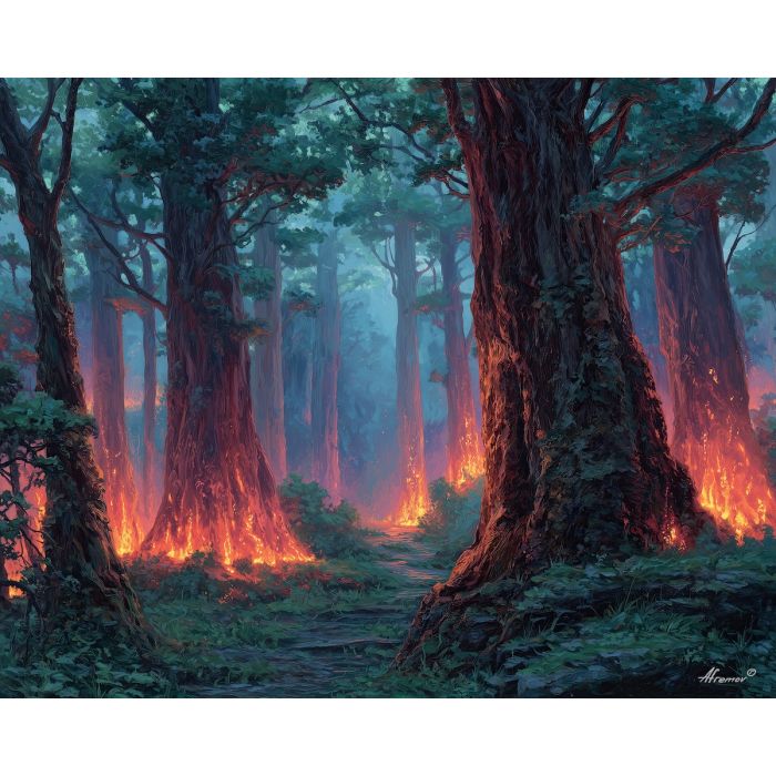 fire element,forest landscape,embers nature,oil painting