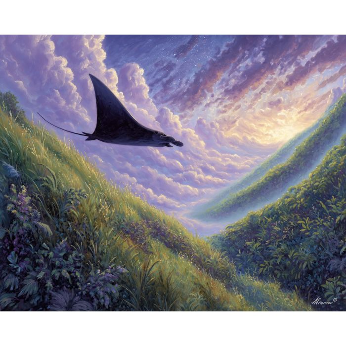 fantasy manta,sky creature,ridge landscape,oil painting