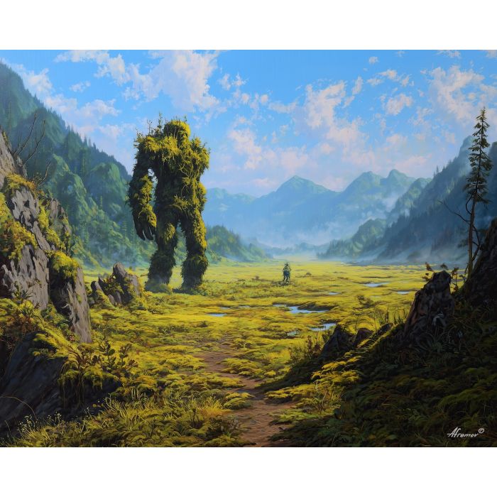 fantasy giant,valley landscape,nature creature,oil painting