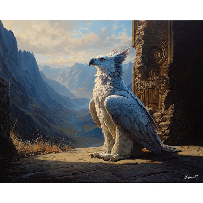 fantasy griffin,mountain pass,daylight oil painting