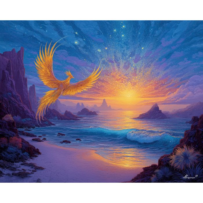 fantasy phoenix,coastal landscape,daylight oil painting