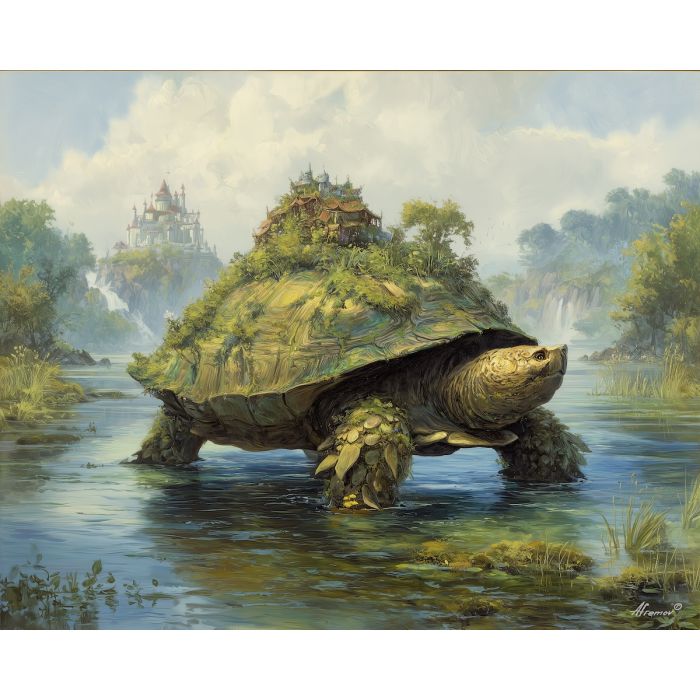 fantasy turtle,river landscape,nature creature,oil painting