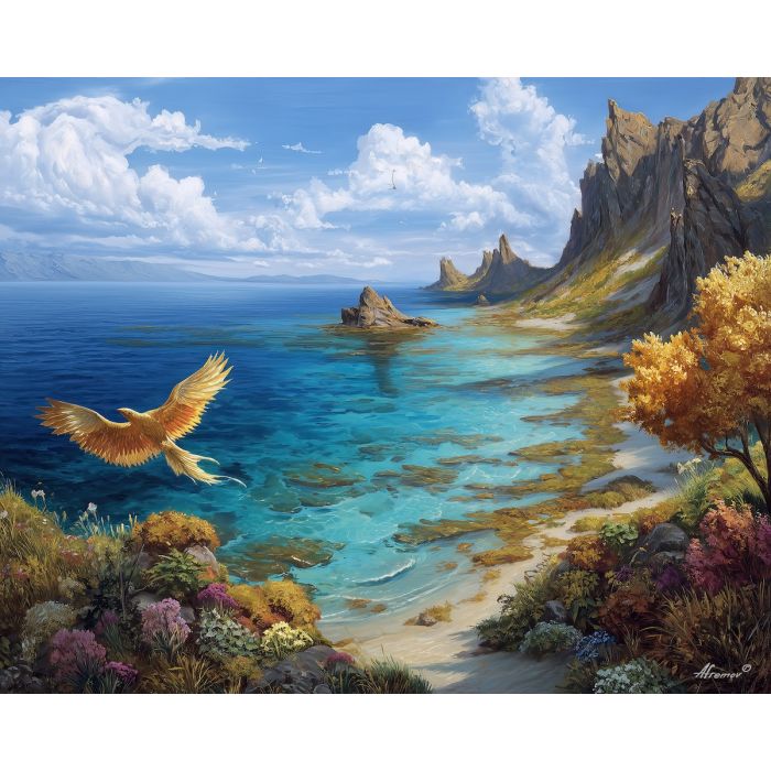 fantasy phoenix,coastal landscape,daylight fantasy,oil painting
