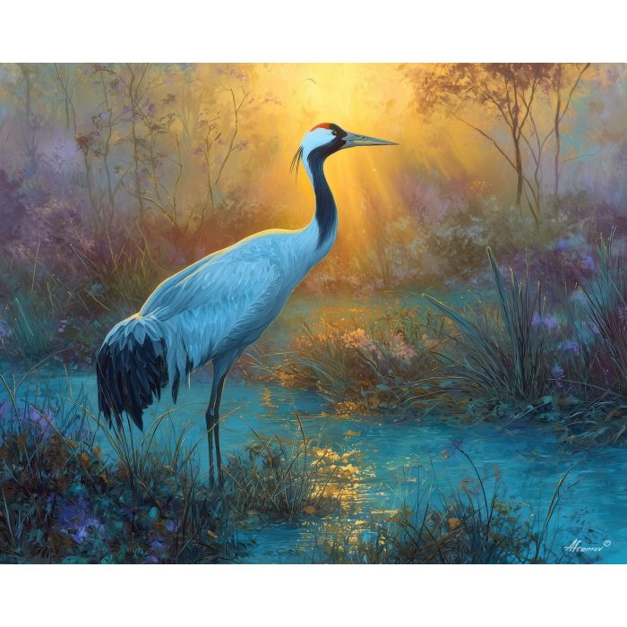 fantasy crane spirit,wetland landscape,daylight oil painting