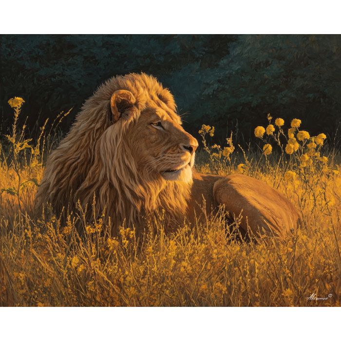 fantasy lion,daylight fields,oil painting