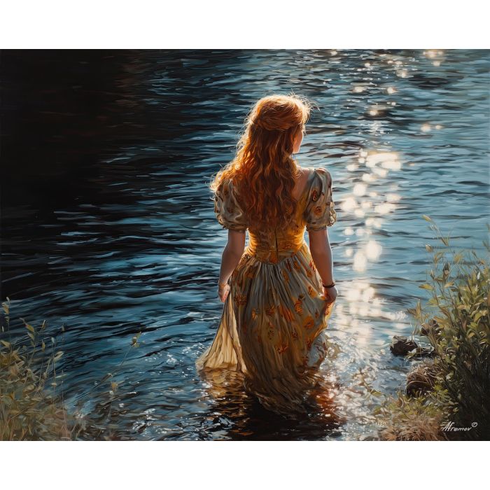fantasy nymph,river landscape,daylight oil painting
