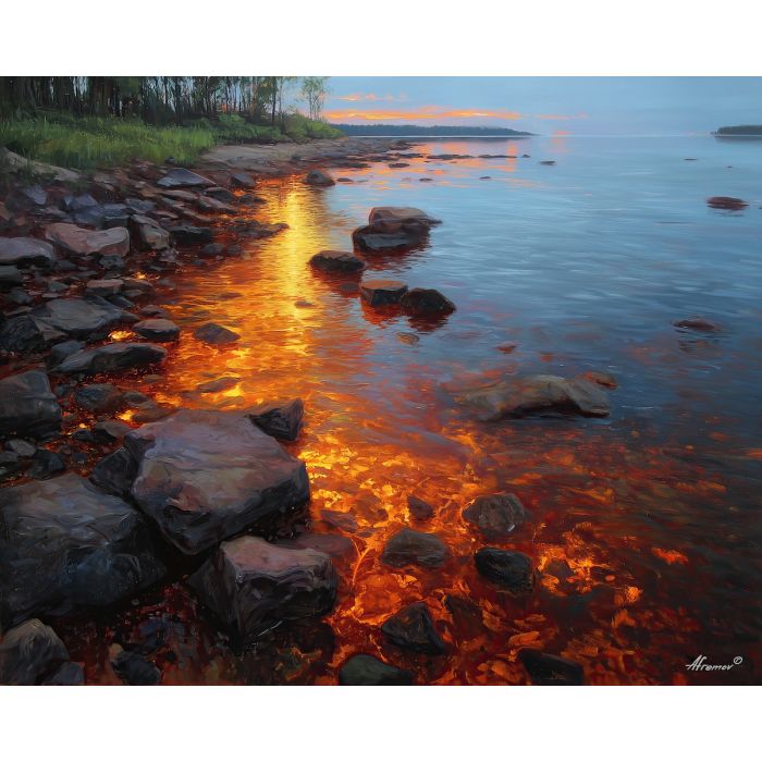 fire water elements,shoreline,oil painting