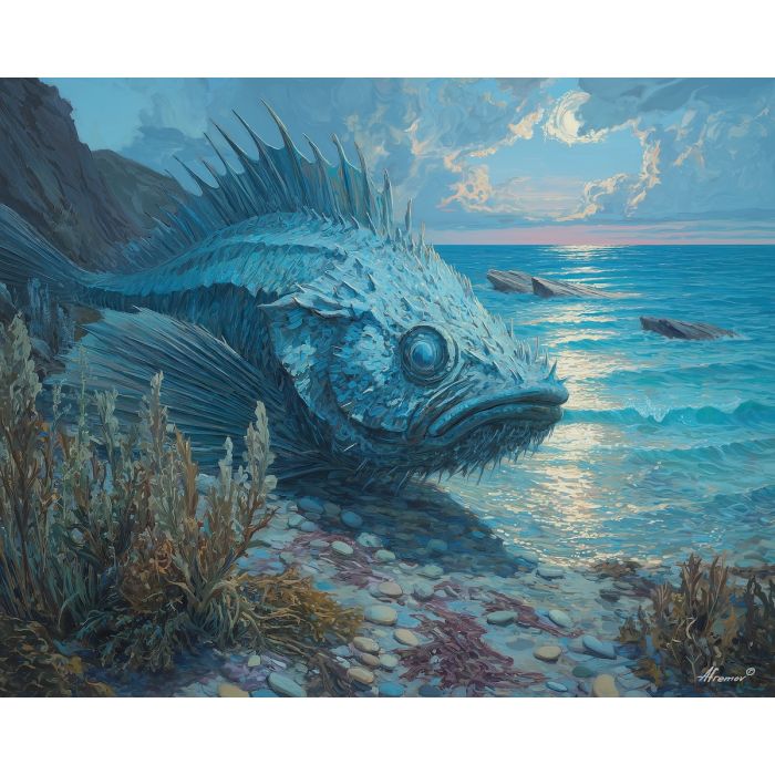 fantasy fish,coastal landscape,daylight,oil painting