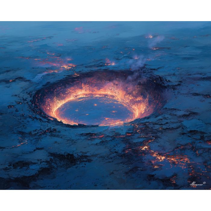 fire element,crater landscape,volcanic calm,oil painting
