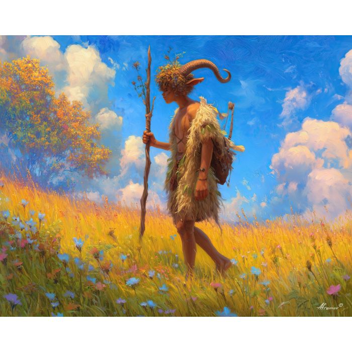 fantasy faun,meadow landscape,daylight oil painting