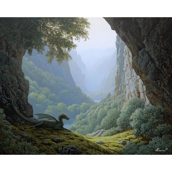 fantasy dragon,valley landscape,daylight oil painting