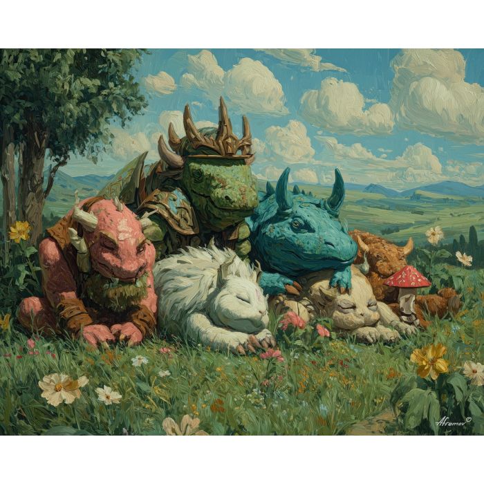 fantasy creatures,day landscape,oil painting